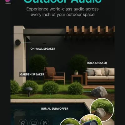 A visual guide to our versatile outdoor audio options. We integrate everything from powerful on-wall speakers for patios and discreet garden speakers for flowerbeds, to camouflaged rock speakers and powerful burial subwoofers. Our goal is to make the technology disappear into your landscape, leaving only rich, immersive sound.