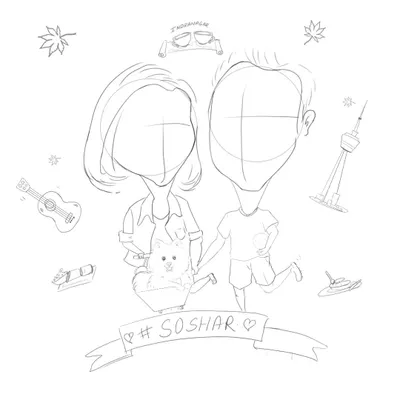 Every great caricature starts with a great sketch. This is the initial line work, mapping out the composition and including all the personal elements like the guitar, travel icons, and the couple's pet before color is added.