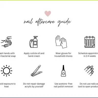 Your aftercare guide. To keep your nails looking beautiful for weeks, I recommend following these simple steps, like applying cuticle oil daily and wearing gloves for chores.