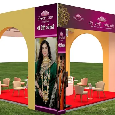 This is the overall 3D view of the exhibition stall concept. The design uses large, welcoming arches and prominent branding on all sides to maximize visibility and create an impressive structure that stands out in a crowded hall.