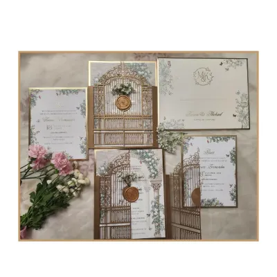A complete view of our enchanted fairytale wedding suite. This set includes the main laser-cut invitation, an RSVP card, and an envelope with a custom monogram, all tied together with a consistent floral and architectural motif.