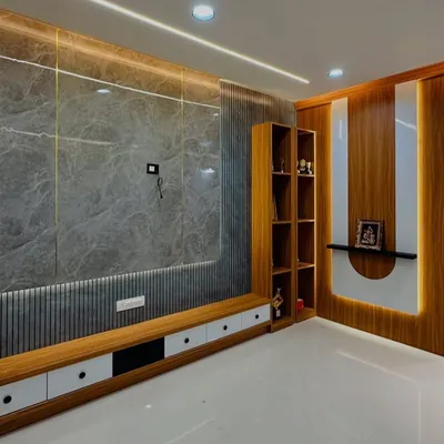 This living room features a floor-to-ceiling entertainment unit combining grey marble, fluted wooden panels, and integrated shelving. The warm backlighting highlights the different textures, creating a sophisticated focal point.