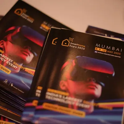 A stack of our Visitor Pocket Guides, ready for attendees. We ensure every visitor has the information they need to navigate India's largest smart technology event.