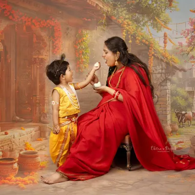 A beautiful recreation of the classic Yashoda and Krishna story, showing a mother and her son in a themed setting, capturing a tender, artistic moment.