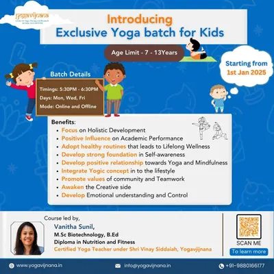 We are excited to offer an exclusive yoga batch for kids aged 7-13. This flyer details the benefits, which include holistic development, improved academic performance, and building a strong foundation in self-awareness and mindfulness.