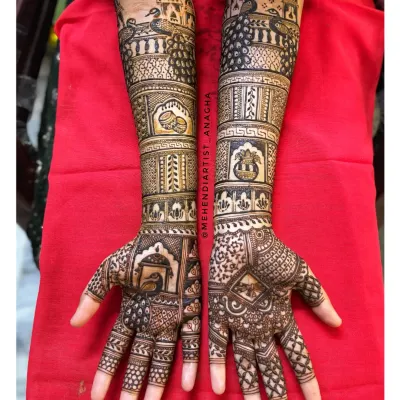 A full-length bridal mehendi design featuring a variety of traditional elements. You can see palace architecture, peacock motifs, and classic floral patterns that come together for a stunning result.