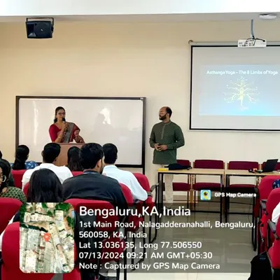 As a resource person for Christ University, we conduct a lecture on the principles of yoga for BCom students. This image shows us explaining the concept of the Anahata (Heart) Chakra, bridging traditional yogic knowledge with modern academic settings to promote holistic student wellness.