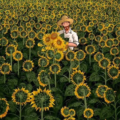 In a field of sunflowers, all but a few have turned their backs. This illustration is a metaphor for loyalty, showing Vincent holding the few flowers that remained facing him, a tribute to those who stand by you through hardship.