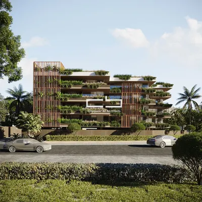 This residential design champions sustainability through green architecture, creating a fresh and vibrant living space. It incorporates wooden pergolas with lush greenery, promoting a healthy lifestyle while helping to control the micro-climate of the area.