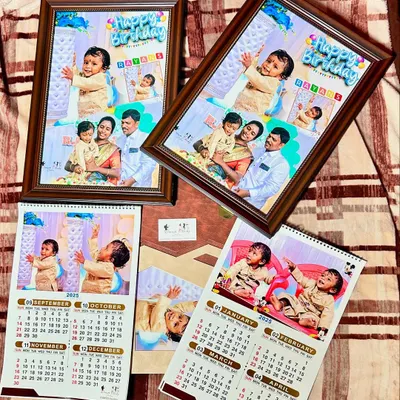 This is a sample of my birthday celebration package. It includes custom designed photo frames and personalized calendars, all featuring photos from the event. It's a complete set of keepsakes to remember your child's special day.