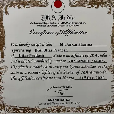 My academy is an officially recognized and affiliated member of the Japan Karate Association in India. This certificate is a guarantee that the training, grading, and instruction you receive here adhere to the highest international standards set by JKA World Federation.