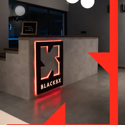 The entrance to BlackBx. Our space is designed to be modern, welcoming, and motivating from the moment you walk in.