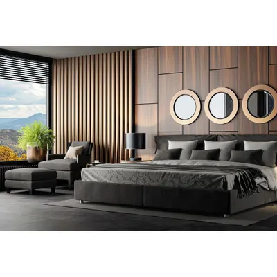 A master bedroom designed for ultimate relaxation, with a view. We used a dark, moody color palette, rich wood paneling, and a comfortable chaise lounge by the window to create a sophisticated and calming retreat.