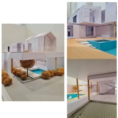 A physical model of our Kanakapura Farmhouse project. Models like this are crucial for understanding the relationship between spaces, such as how the A-line roof with its skylight will illuminate the interior and how the pool integrates with the living areas.