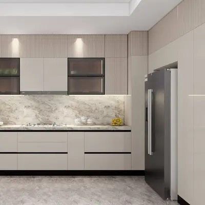This is a 3D render of a straight-line modular kitchen, showcasing a clean and balanced design. The combination of light wood grain and solid beige cabinets, paired with a marble backsplash, creates a warm yet modern aesthetic.