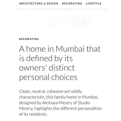 We were thrilled to have our "Bold & Balanced" home featured in Architectural Digest India. The article highlighted how the design reflects the distinct personalities of the residents through a cohesive yet varied aesthetic.