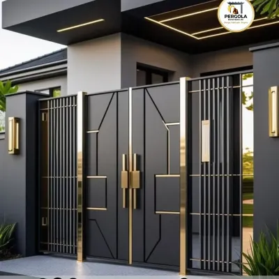 An exceptionally luxurious entrance gate featuring a bold geometric design with striking gold-finished accents. This gate is a masterpiece of modern design, created to complement high-end architectural homes and make an unforgettable statement.