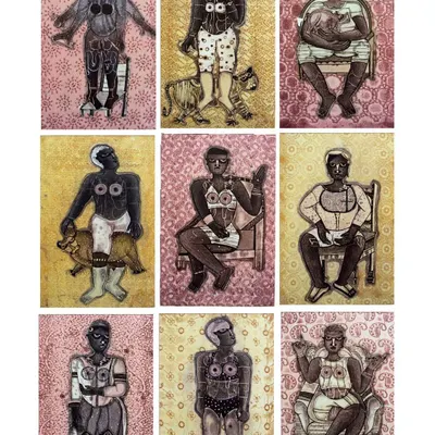 This collage of etchings by Sonal Varshneya explores the concept of the intrinsic feminine energy within every person. Each figure is unique, yet together they form a powerful statement on identity and self.