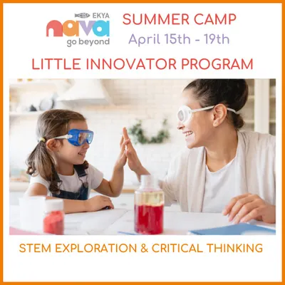 An advertisement for our Summer Camp's "Little Innovator Program," focusing on STEM exploration and critical thinking. This image shows a mother and daughter having fun with a science experiment, capturing the spirit of hands-on learning.
