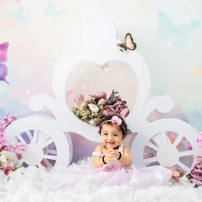 A true fairytale moment. This little princess is all smiles in her magical butterfly-themed carriage, surrounded by flowers and soft clouds.