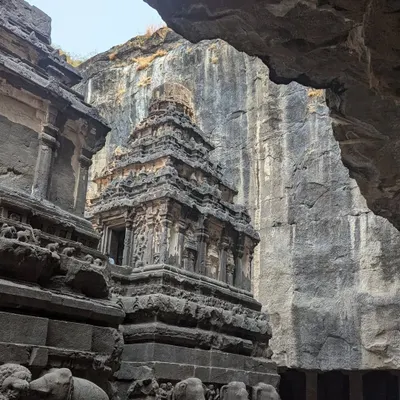 The magnificent Kailasa temple at Ellora Caves, a monolithic structure carved from a single rock. The scale and detail of this UNESCO World Heritage site are a profound source of artistic inspiration.