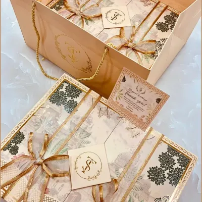 A complete wedding gifting suite, featuring a monogrammed gift box with a delicate ribbon, a matching carry bag, and a personalized thank you card. This coordinated set ensures every detail of your wedding gifting is elegant and cohesive.