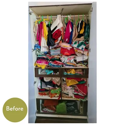 The "before" shot of a wardrobe packed with ethnic wear. It's hard to see what you own, leading to stress and the feeling of having nothing to wear.