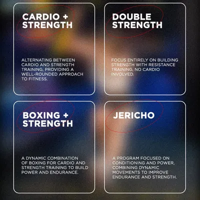 We offer a wide range of programs. Choose from Cardio + Strength, Double Strength, Boxing + Strength, or our specialized Jericho class to match your fitness goals.
