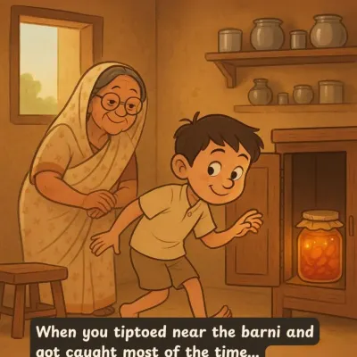 Remember tiptoeing near the barni (pickle jar) and getting caught by dadi most of the time? Even her scolding felt sweet back then. This illustration captures that mischievous, priceless memory.