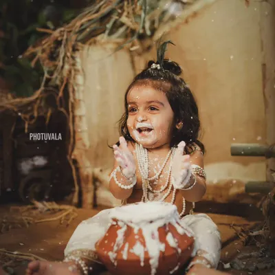 The joy of being little Krishna! This messy, happy shot from our Janmashtami mini-session captures the playful spirit of the festival perfectly.