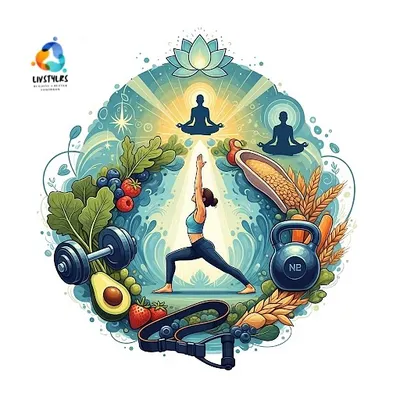This illustration perfectly captures my holistic approach. True fitness is a blend of four pillars: mindful yoga, functional strength training, nourishing food, and robust mental health.