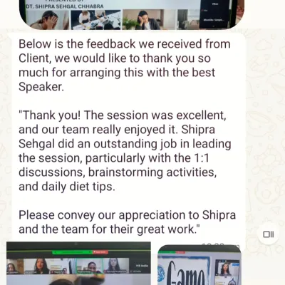 Receiving positive feedback like this makes my work incredibly fulfilling. This client appreciated the excellent session, particularly the 1:1 discussions and daily diet tips provided.