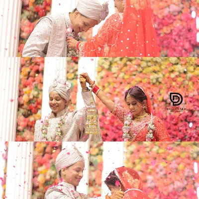 This photo collage captures the key moments of a Jai Mala ceremony, from the playful exchange to the shower of flower petals, telling a complete story of this beautiful ritual.