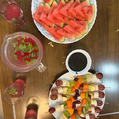 Simple, colorful, and so good for you! These fruit skewers and fresh watermelon with a mint cooler are a perfect example of a healthy post-workout snack. They help with hydration and replenish your energy stores naturally.