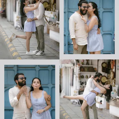 This collage captures the fun and playful dynamic of a couple's shoot in Fort Kochi. From goofy faces to sweet kisses, it’s about documenting the whole spectrum of your relationship against vibrant, urban backdrops.