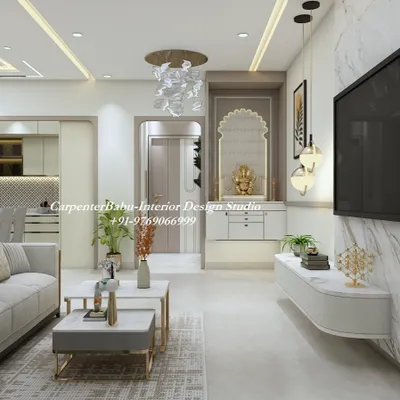 A beautiful puja unit integrated into the living room, featuring an arched niche for the idol and drawers for storage. The design is elegant and unobtrusive.