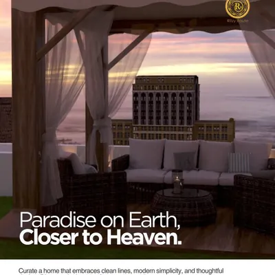 Paradise on Earth, closer to heaven. This rooftop terrace is designed as a luxurious escape, with a canopy, comfortable seating, and a stunning view, embracing modern simplicity where less is everything.