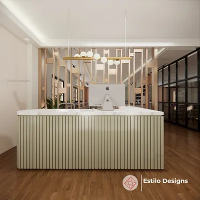 This 3D render shows a reception area designed for a contemporary office. We focused on creating a welcoming first impression using clean lines, natural textures, and statement lighting.
