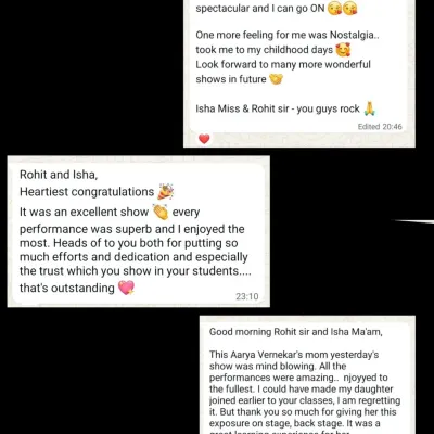 "Isha Miss & Rohit sir - you guys rock". This parent review highlights the trust and dedication we put into every student, and the "mind blowing" quality of our grand shows.