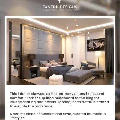 This bedroom is a perfect blend of function and style. I designed a custom quilted headboard that extends across the wall, paired with elegant lounge seating and warm accent lighting to create a modern, curated retreat.