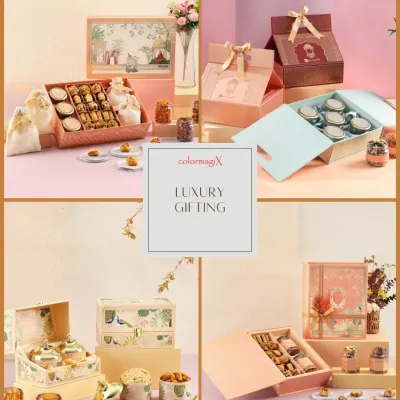 A collage representing the breadth of our luxury gifting services. It features a variety of our work, from festive sweet boxes and tea sets to intricately packaged hampers, all under the ColormagiX brand.