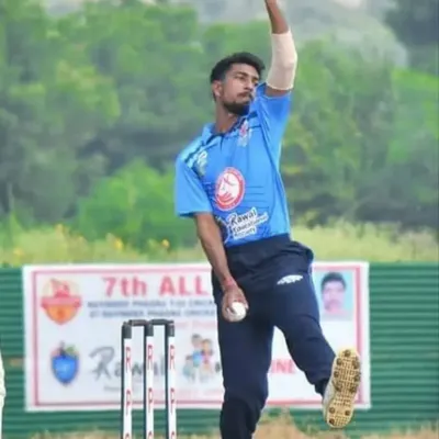 A fast bowler in full flow during a tournament match. Our coaching focuses on developing proper bowling action and technique to generate pace and accuracy.