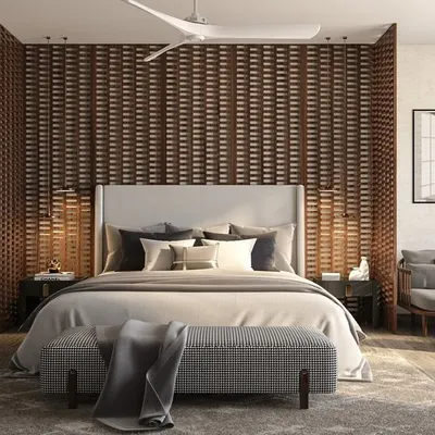 A serene master bedroom design centered around a large, woven wooden panel behind the bed. This centerpiece adds rich texture and warmth, demonstrating how a single, powerful element can define a space.