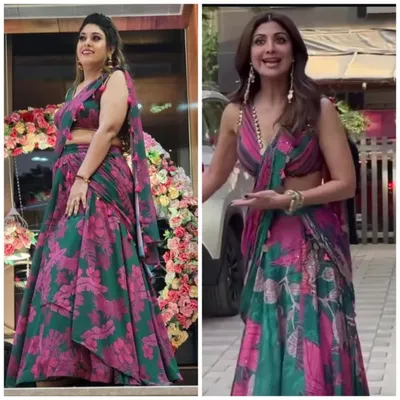 A side-by-side comparison of our recreation of Shilpa Shetty's stunning floral lehenga-saree. My client looks just as glamorous.