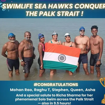 The full team of SwimLife Sea Hawks who conquered the Palk Strait. We're incredibly proud of our member Asha (third from left) for being part of this phenomenal relay swim.