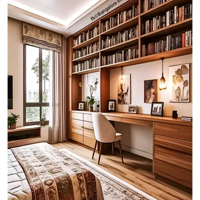 Here, I integrated a spacious work desk and a floor-to-ceiling library into a master bedroom. This custom solution provides extensive storage and a dedicated workspace without compromising the room's relaxing feel, using warm wood to unify the elements.