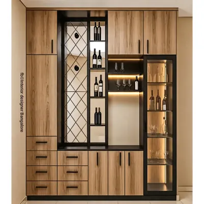 A sophisticated crockery and bar unit in a natural wood finish with black accents. This design features a mix of glass-front cabinets, a wine rack, and numerous drawers for versatile storage.