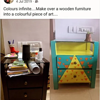 A before-and-after look at a furniture makeover project. I transformed a plain, dark wooden side table into a vibrant, colorful piece of art with a geometric design, adding a pop of personality to the client's home.