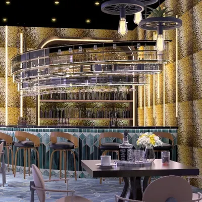 For this Dubai lounge and bar, I created a visually stunning centerpiece with a multi-tiered, illuminated glass rack over the bar. The design combines textured gold walls, geometric tiles, and industrial-style lighting to craft an upscale and energetic atmosphere for guests.