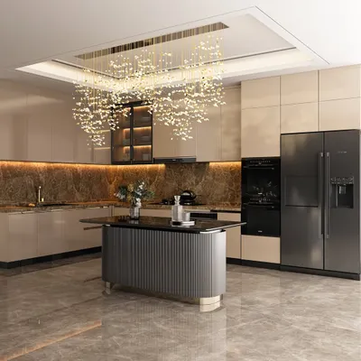 This kitchen is where elegance meets functionality. We used soft neutral cabinets, rich marble textures, and a stunning statement chandelier over the island to create a space that feels both luxurious and practical for everyday cooking.
